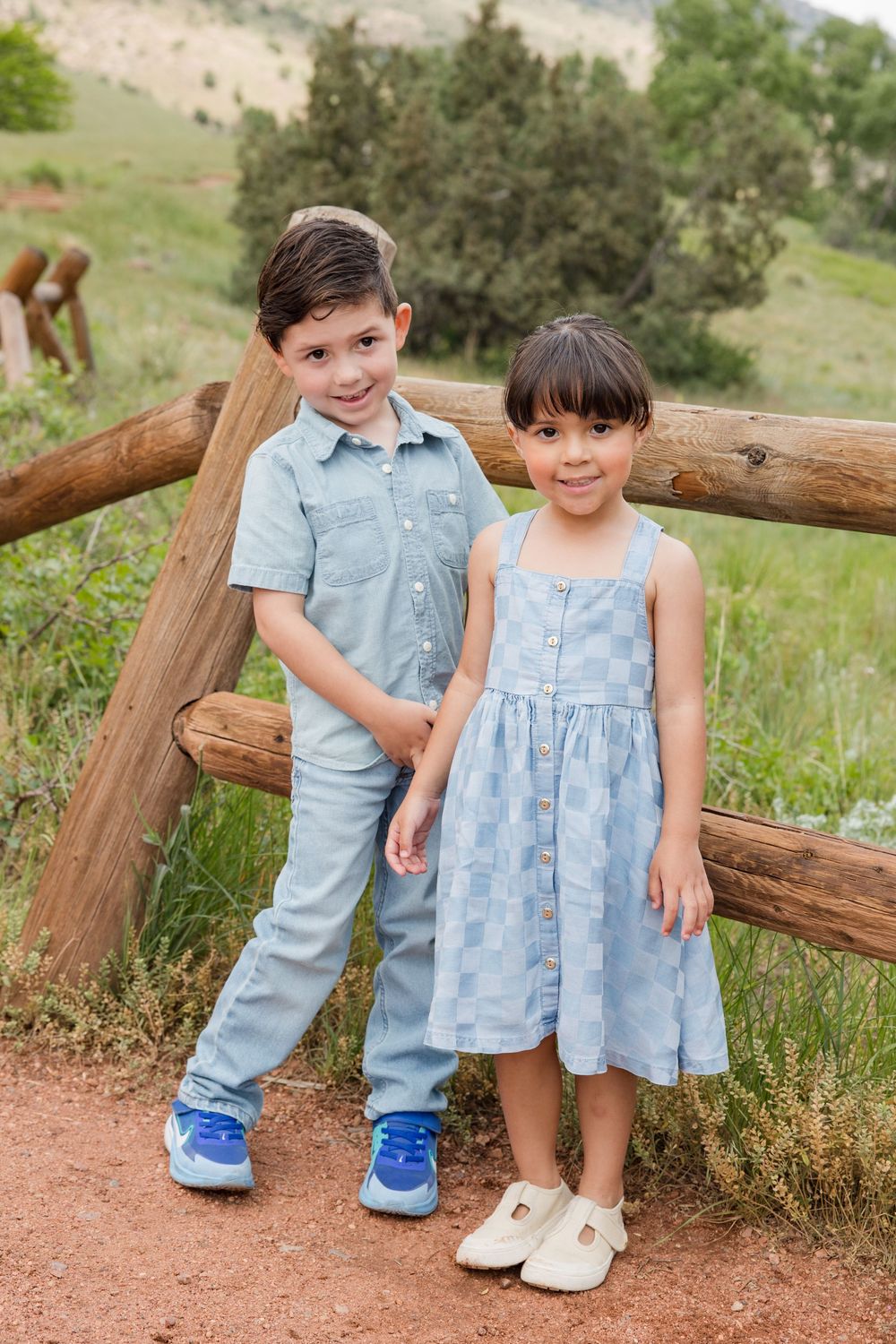Two small children in coordinating blue outfits pose together by a wooden fence on a hiking trail.