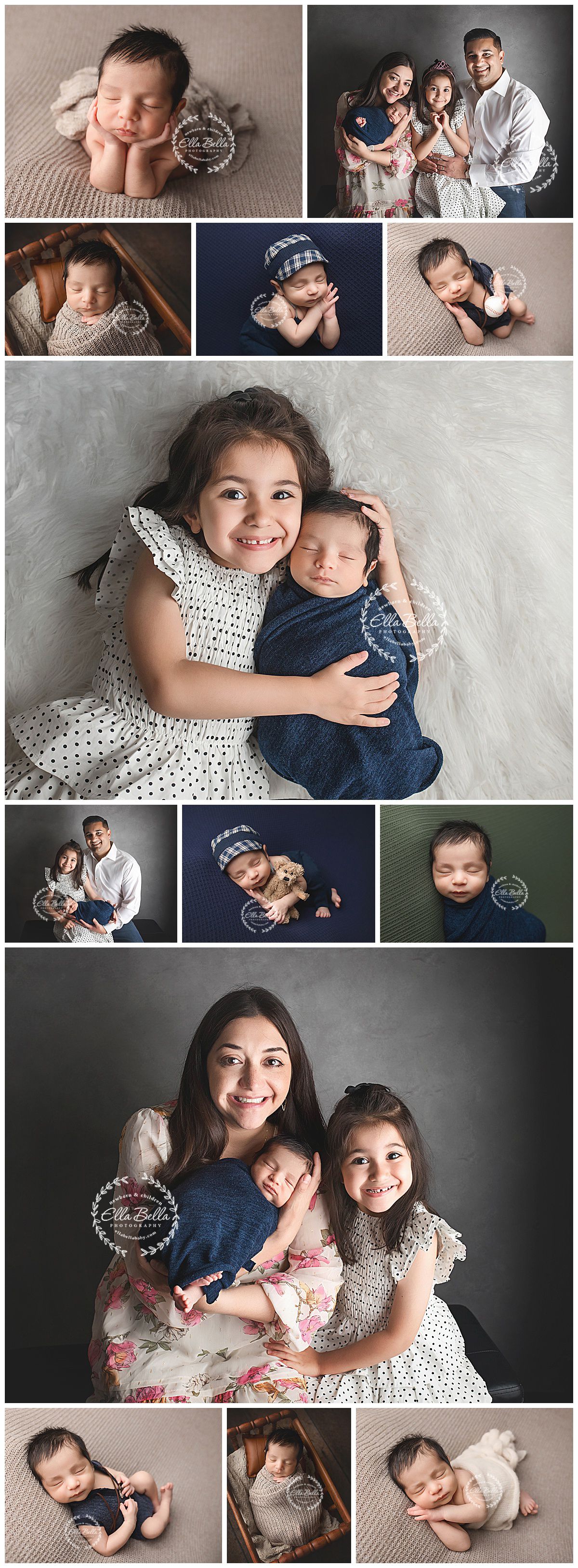 Professional newborn and family photography collection showcasing intimate portraits and heartwarming moments against neutral backgrounds.