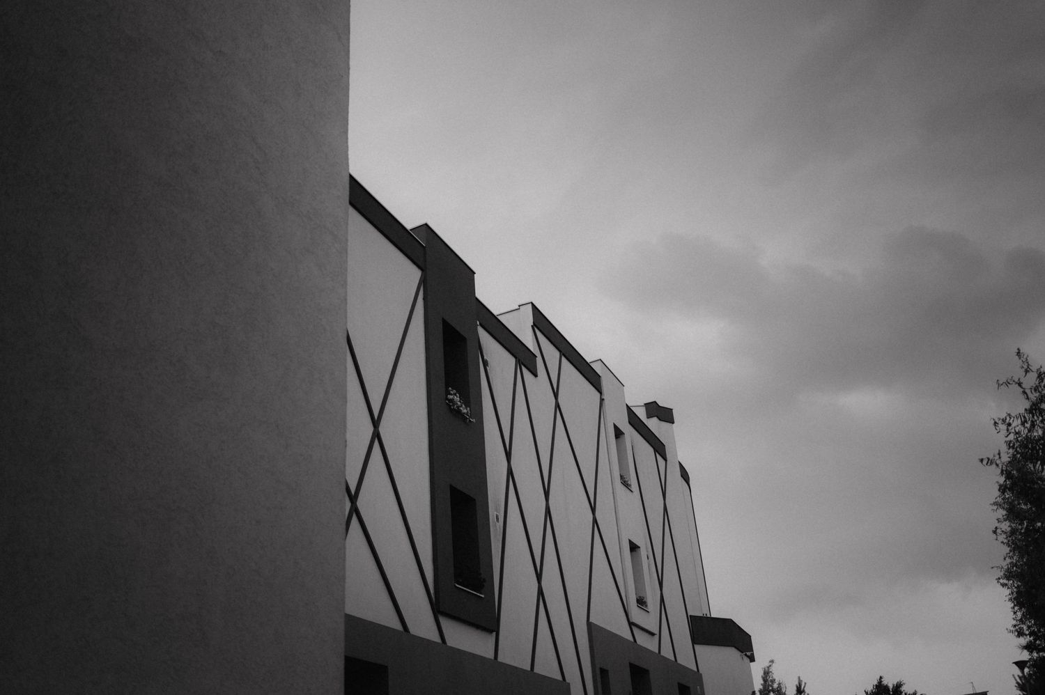 Low angle black and white architectural photo showing criss-crossing structural beams against a moody cloudy sky.