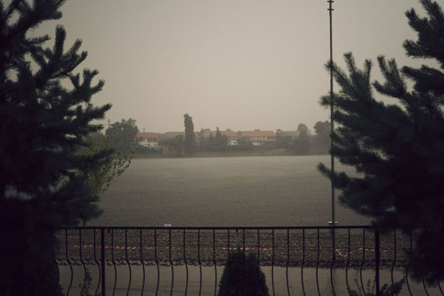 Misty cityscape view through trees and iron railing on a foggy day with buildings visible in the distance.