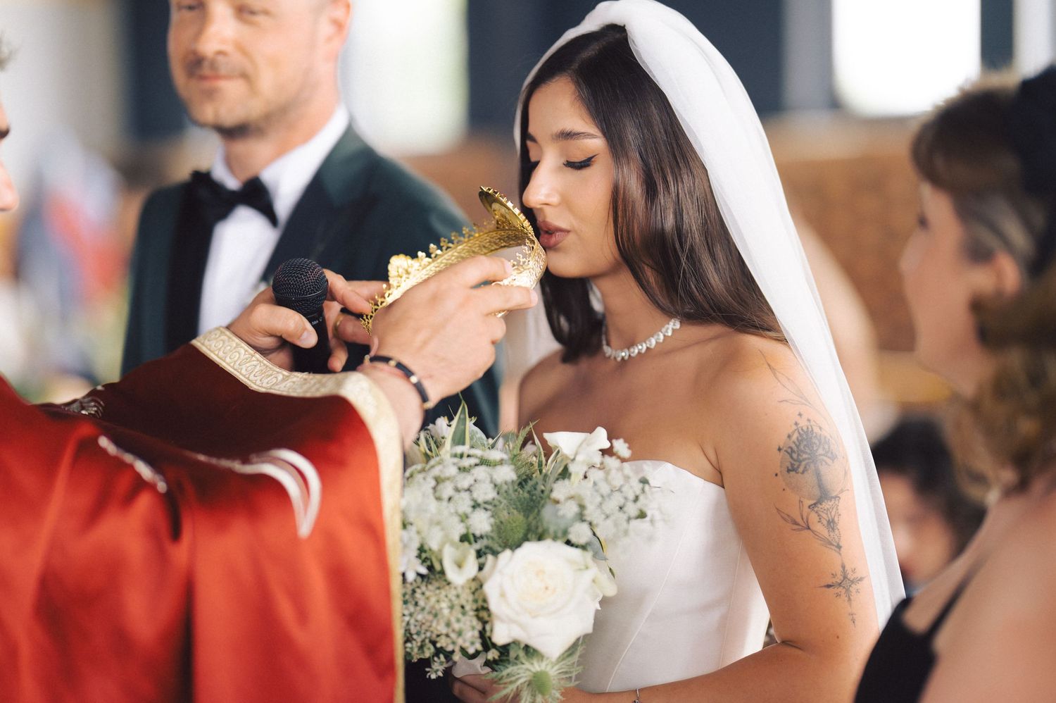 A row of wedding photographs showing intimate moments and decorative details at a celebration.