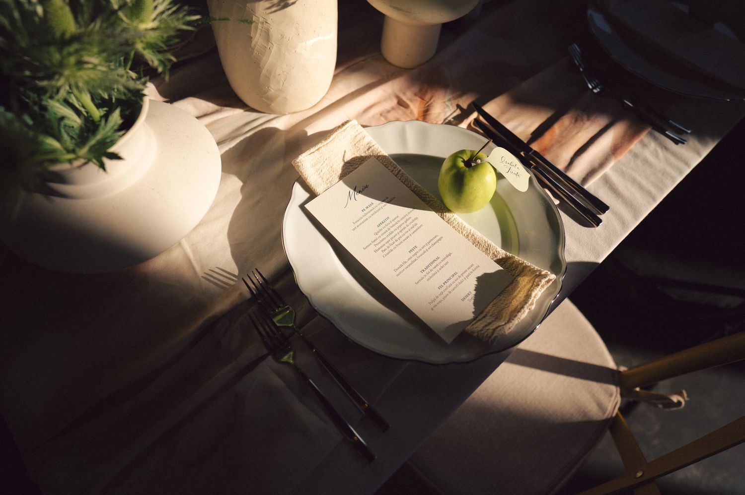 A green apple sits on a white plate with utensils casting dramatic shadows on a wooden table in natural light.