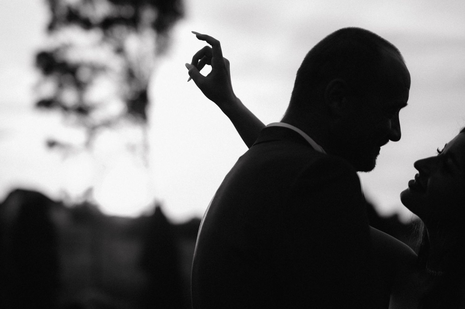 A black and white silhouette of two people in an intimate moment against a moody sky.