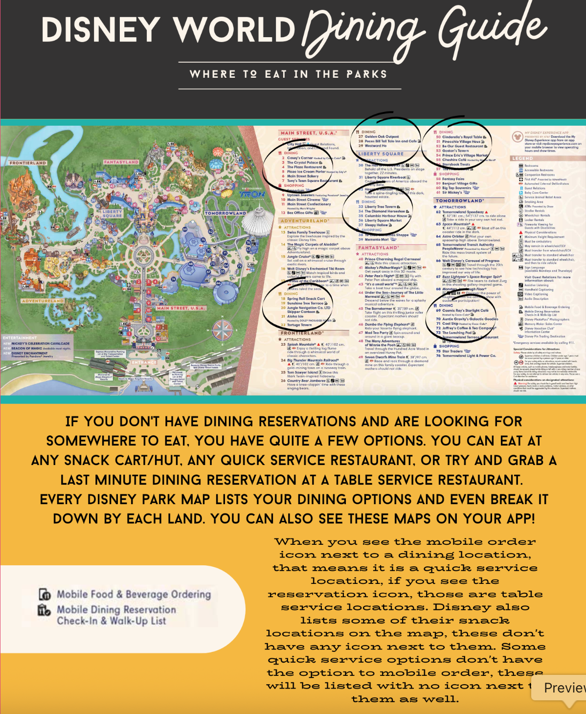 Disney World dining guide showing colorful pages with restaurant information and park maps for meal planning.