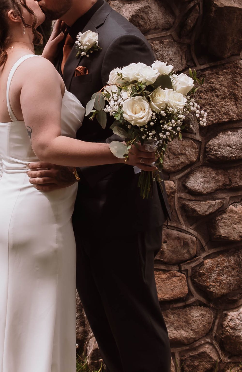 Close up of floral bouquet after first look at wedding in Hudson Valley NY