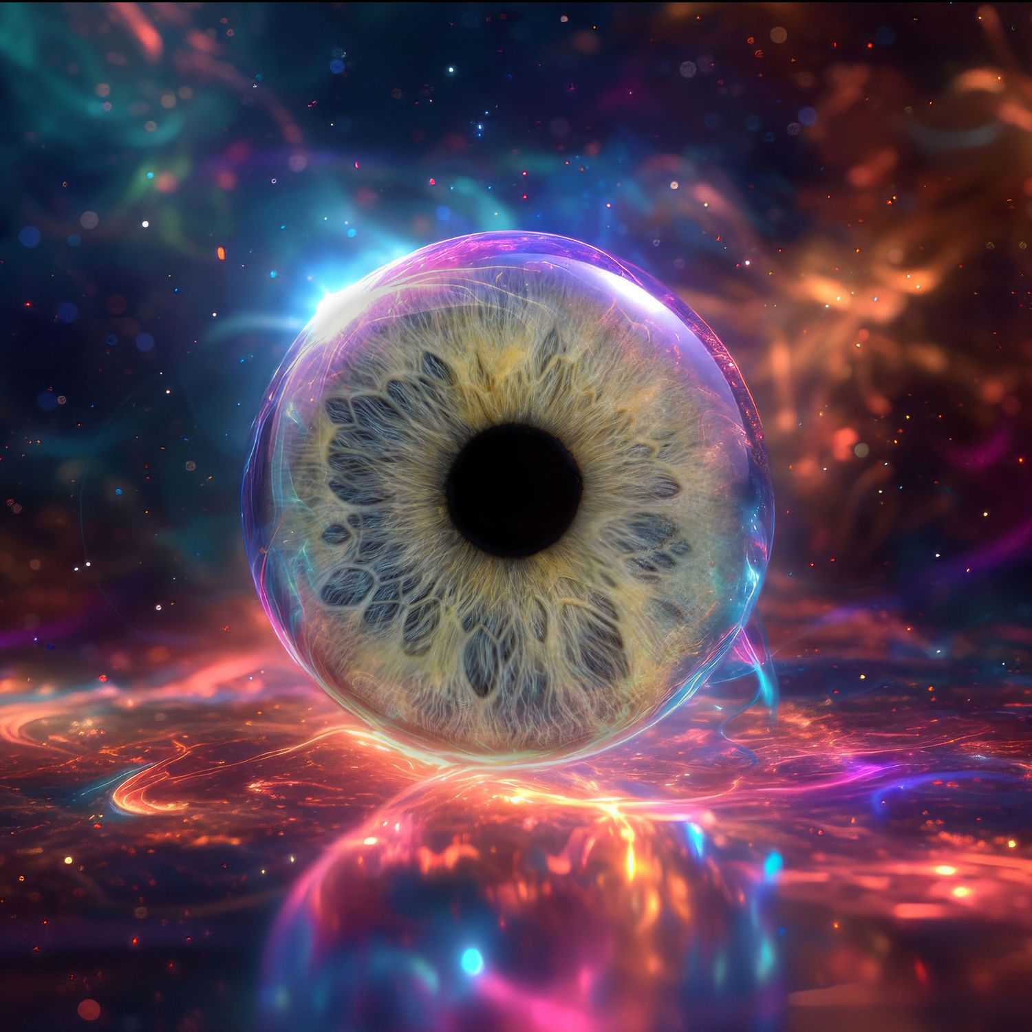 A cosmic eyeball with blue iris floats in a nebulous space with glowing pink and blue swirling clouds.