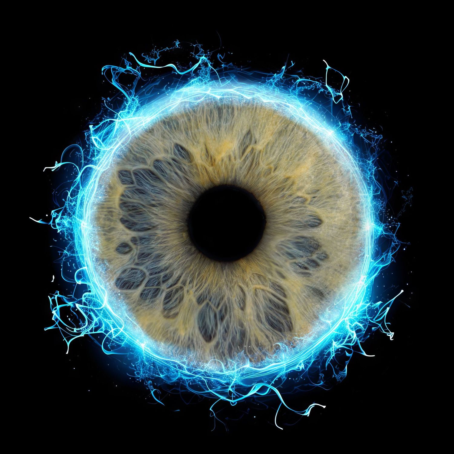 Extreme macro photograph of a human iris with glowing blue electric effects surrounding it against black background.