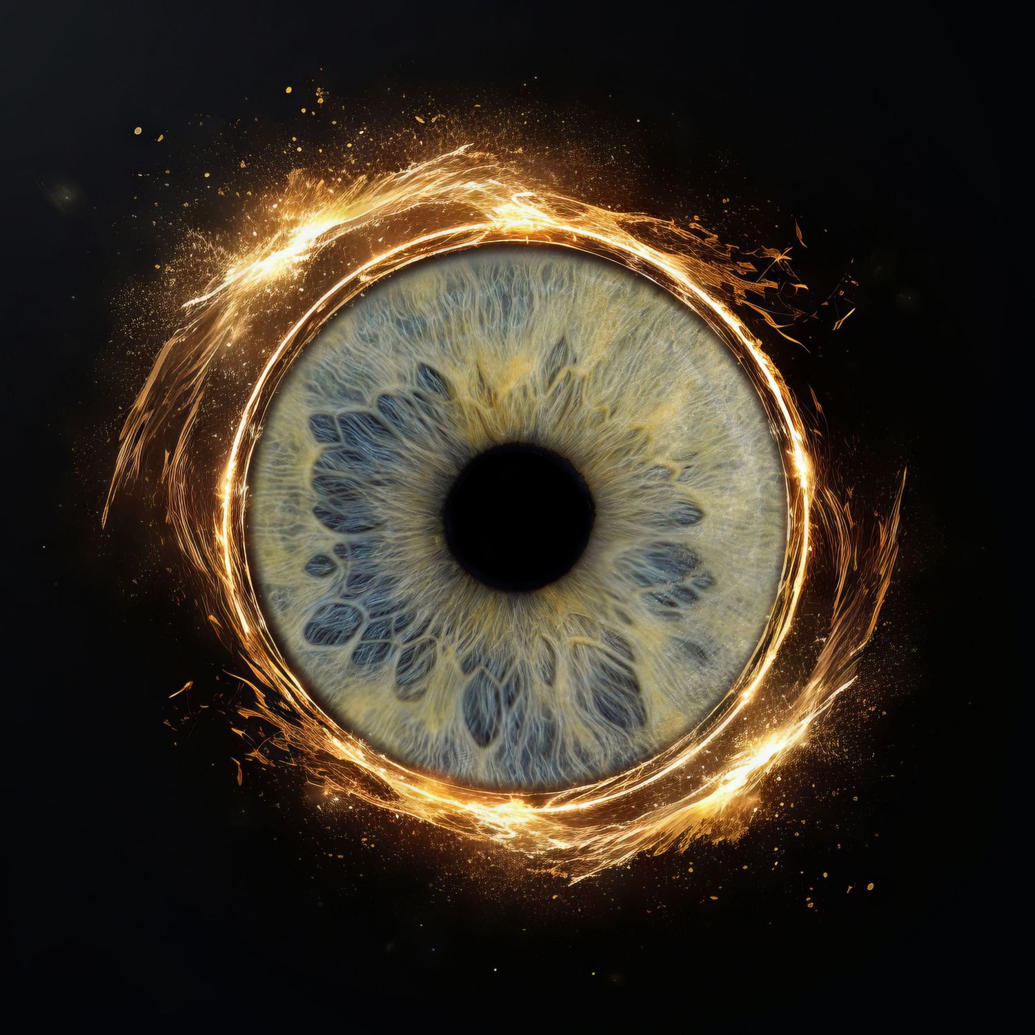 A sequence of golden-orange eye-like celestial formations against a dark background with fiery energy trails.