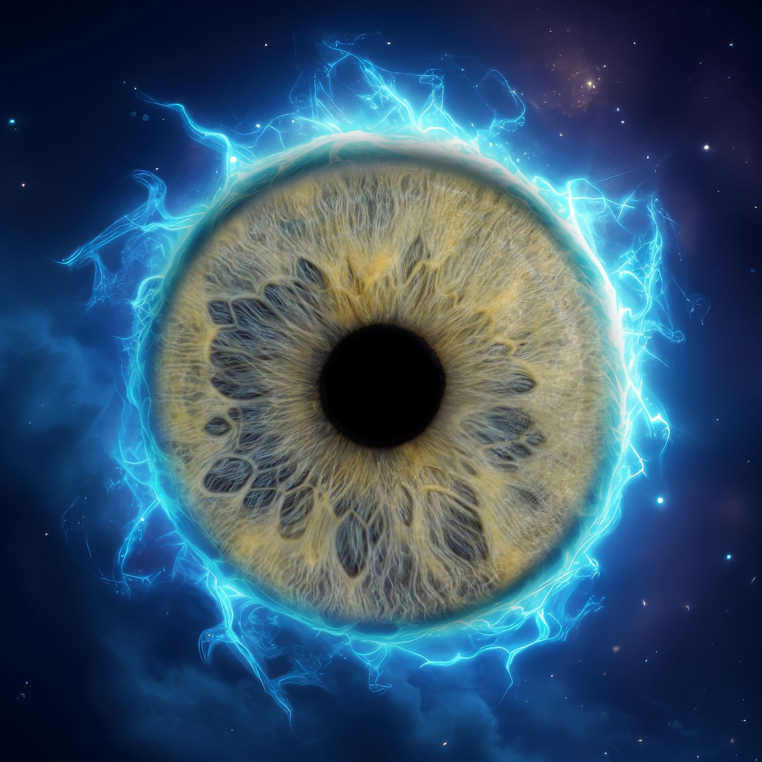 A golden brown human iris with electric blue lightning effects surrounding it against a dark starry background.