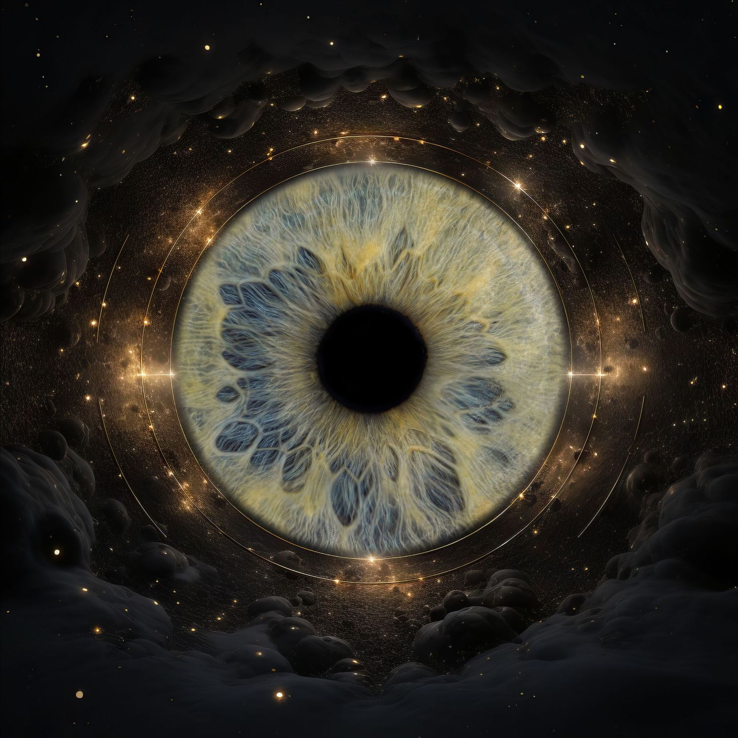 A surreal artistic rendering of a cosmic eye with golden nebulas and stars surrounding a dark pupil in deep space.