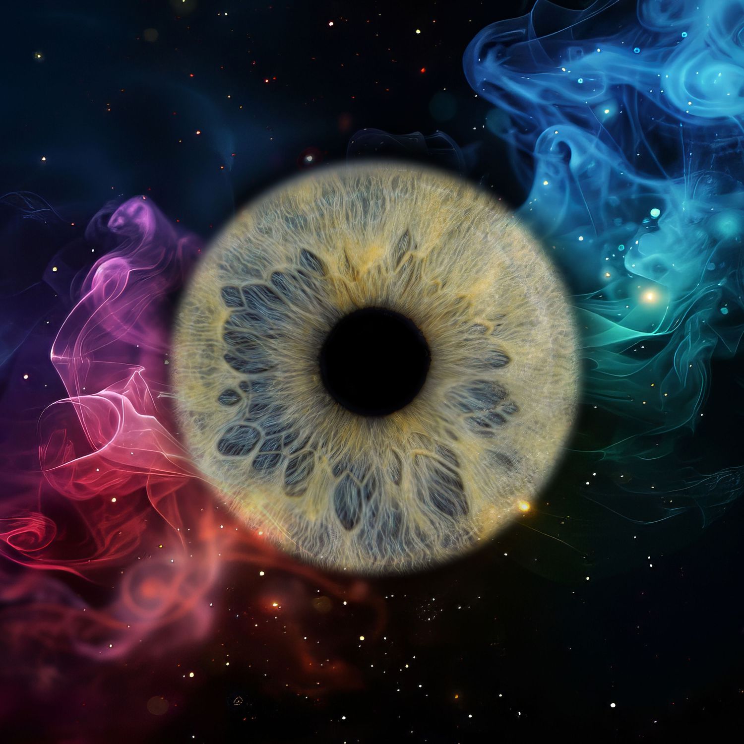 A realistic human iris floating in space surrounded by colorful cosmic nebula clouds and stars.