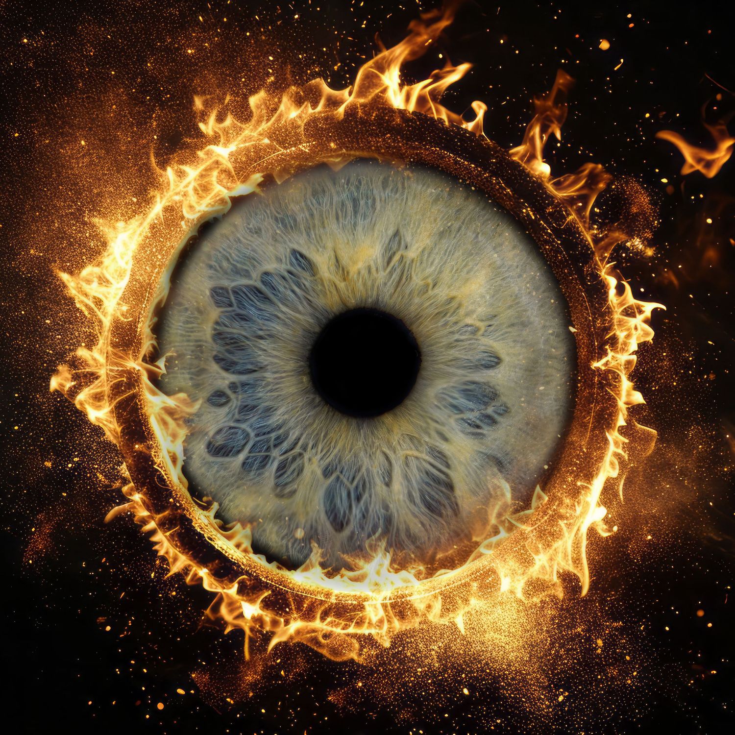 A blue human eye with flames surrounding it transitions across multiple images against a starry background.