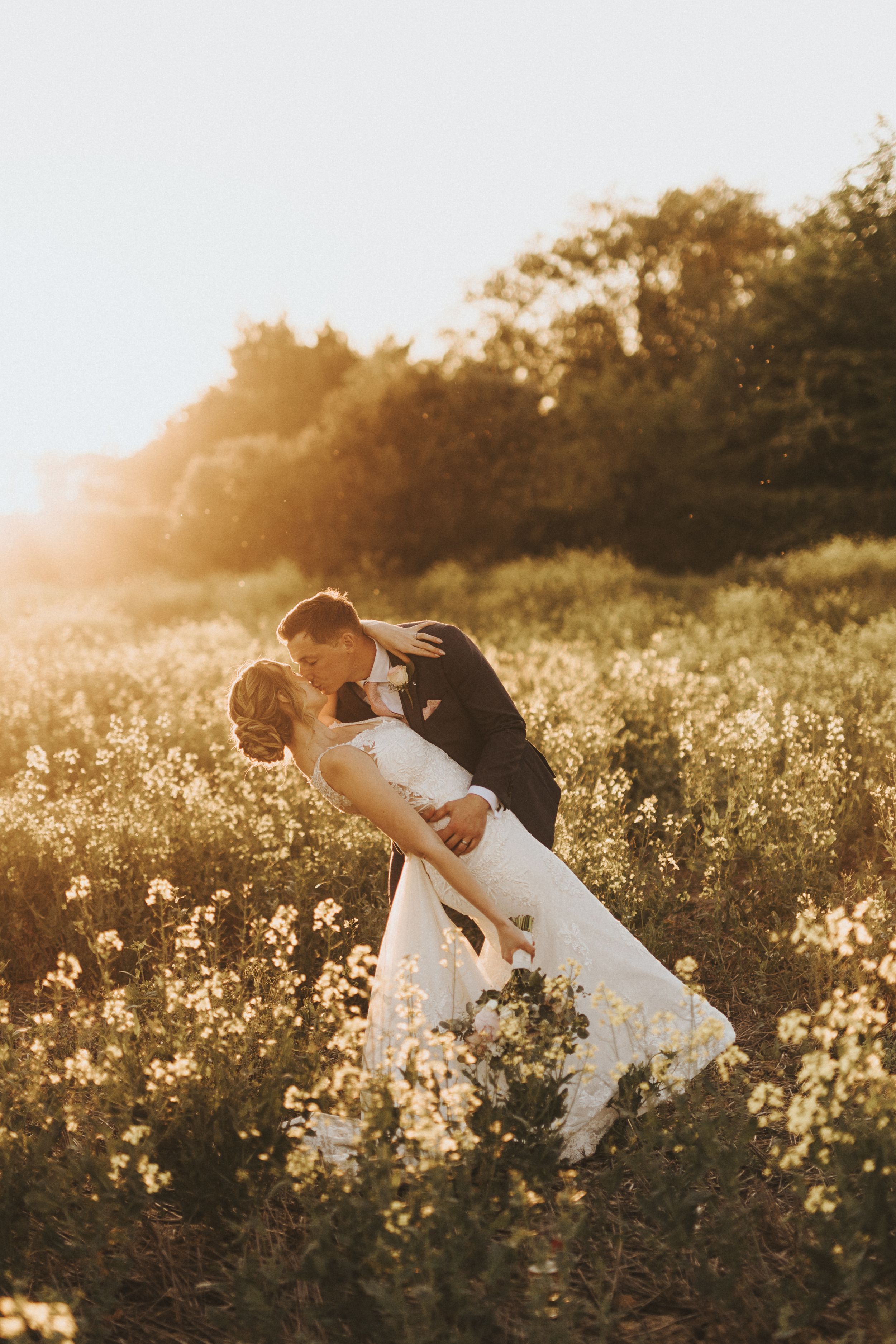 Romantic sunset field photos showing a couple embracing in golden light among wildflowers at Hall Farm - captured by Grimsby photographers
