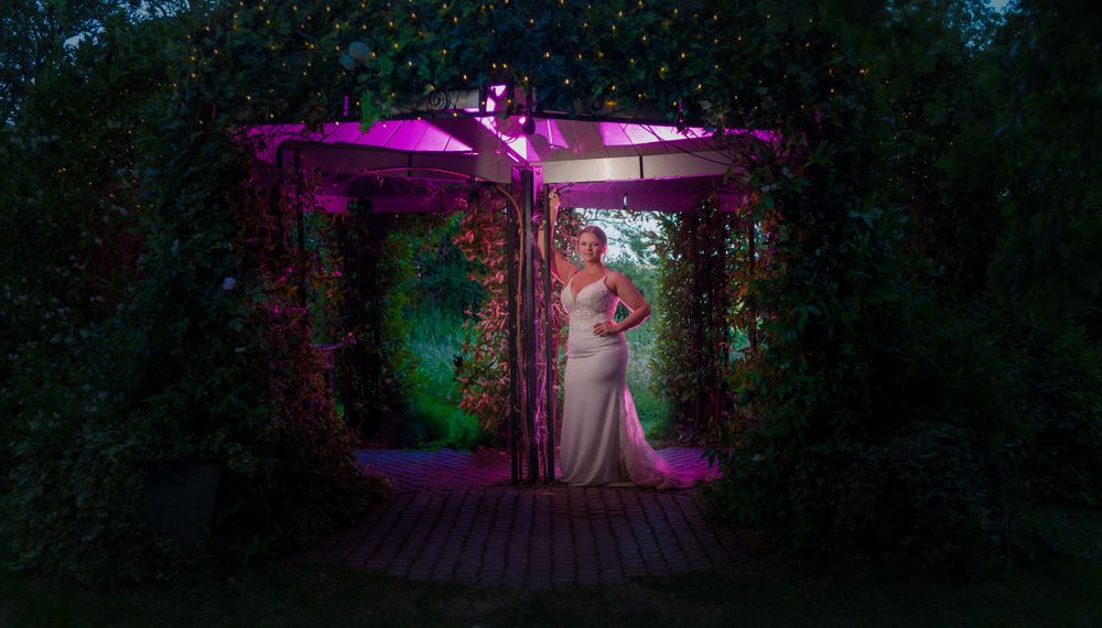Wedding Photography with gel  off camera flash lighting  at The Oak Grove Wedding Venue in kent