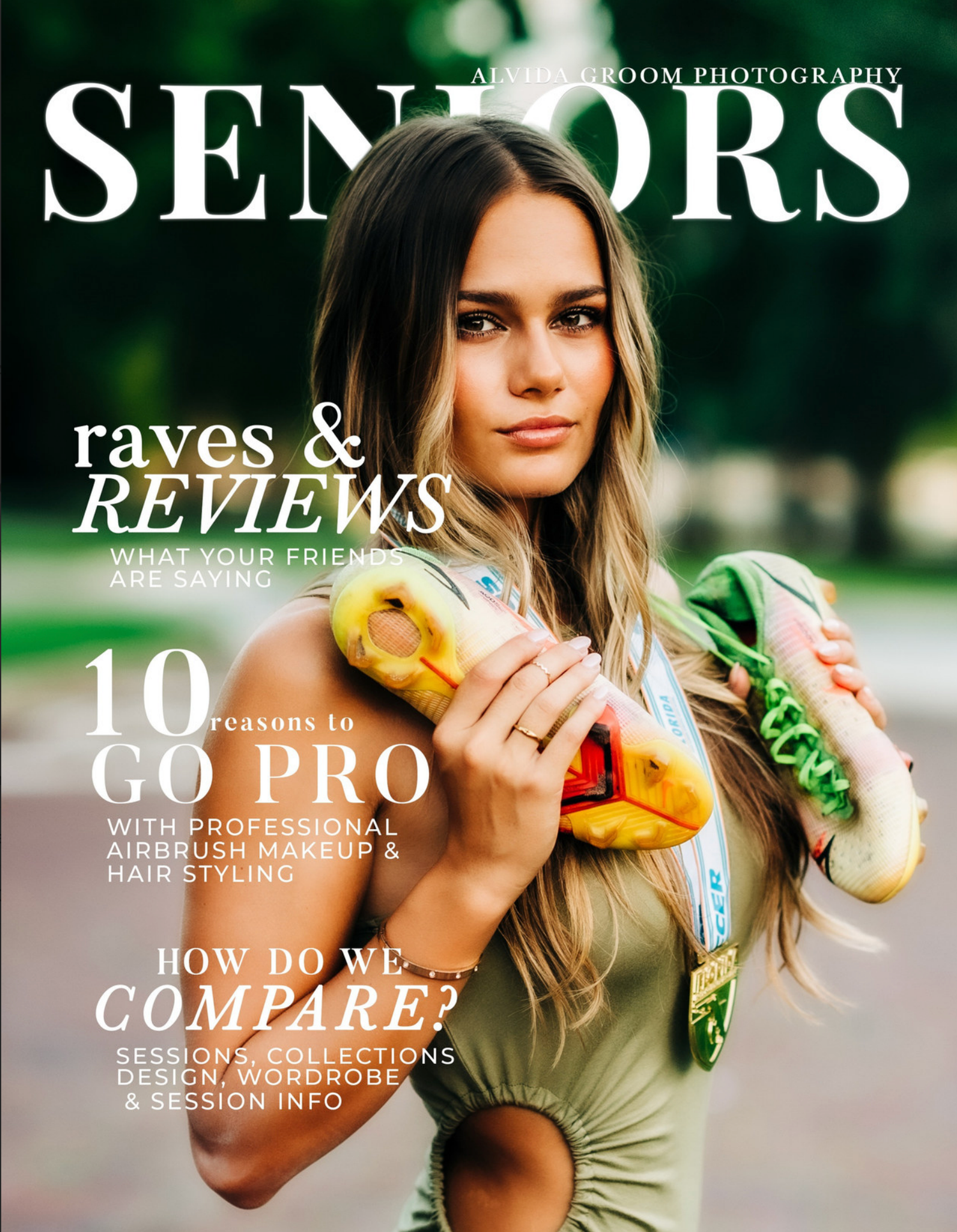 Professional high school senior portrait photography mockup showcasing a green and gold themed artistic design layout.