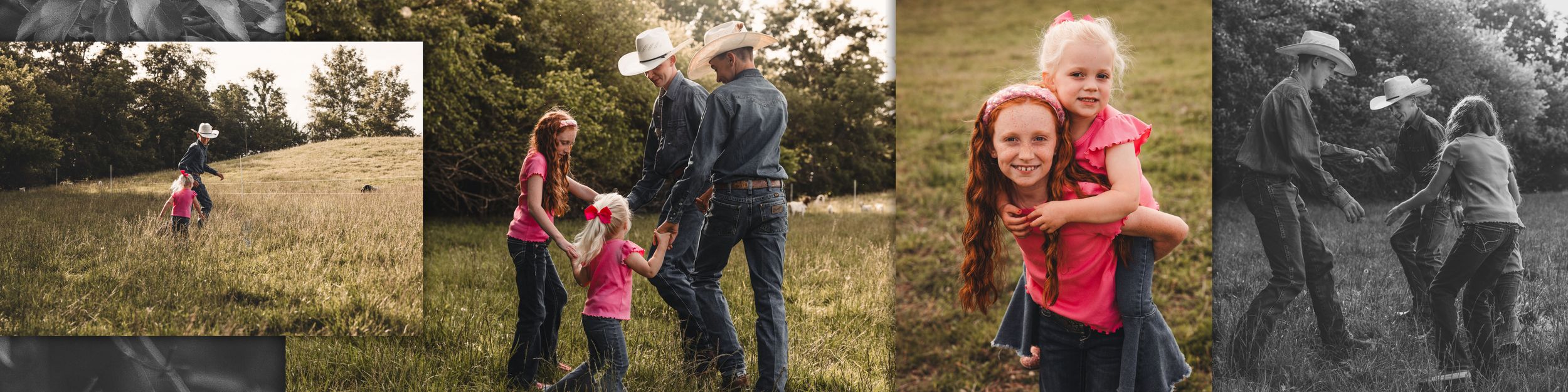 Four outdoor family photos showing parents and child playing together in meadow during changing seasons.