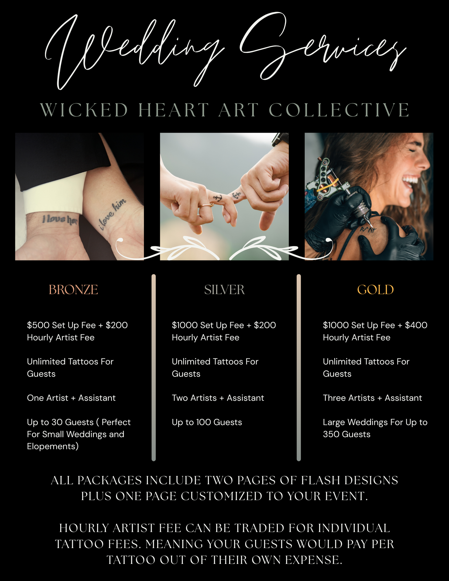 Wedding services pricing guide showcasing bronze, silver and gold packages with tattoo artists and flash designs.