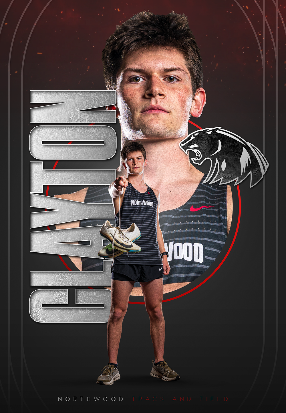 Custom Senior Banner showing male athlete posing and pointing in NorthWood team uniform with stylized school logo - Nappanee, Indiana