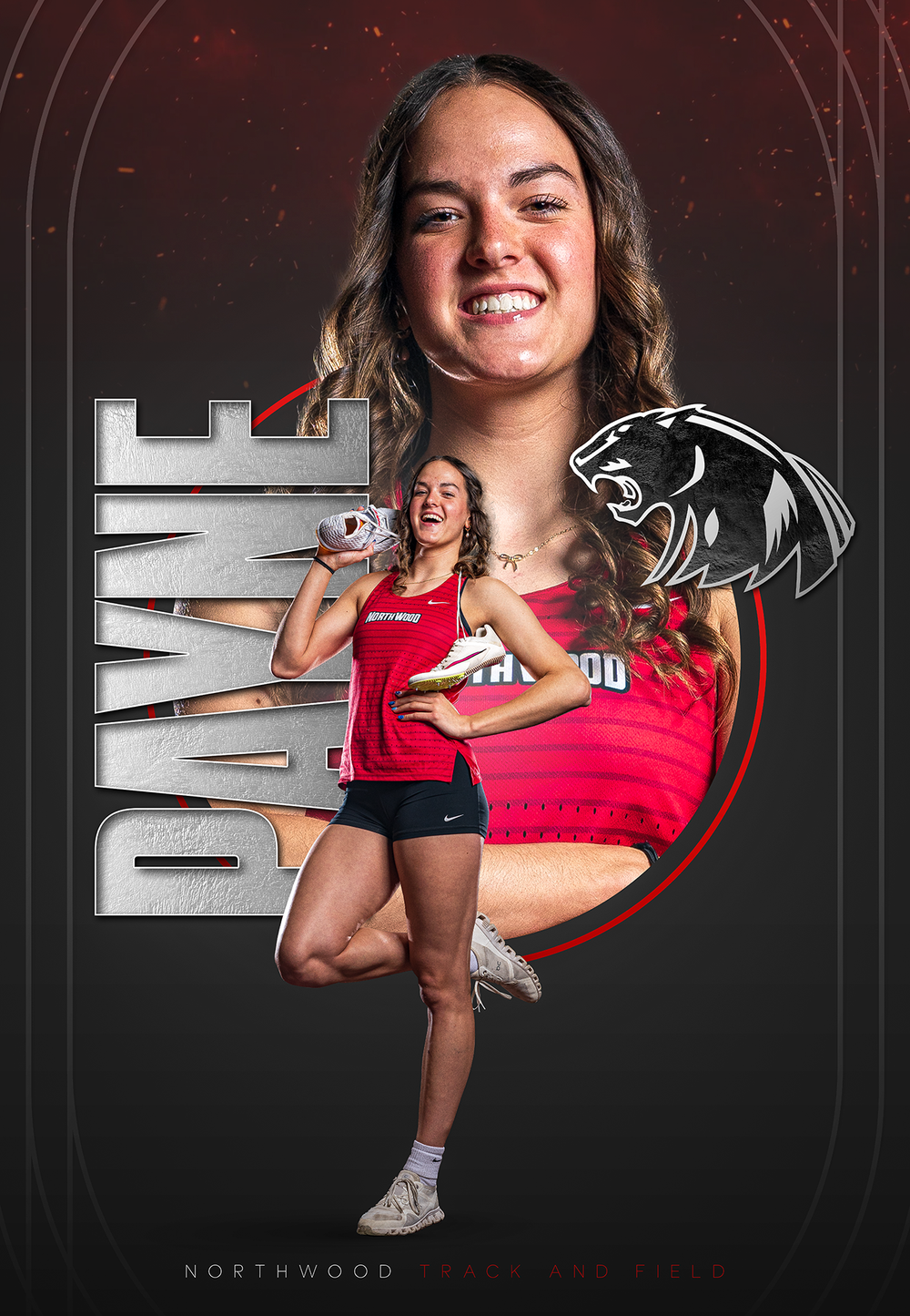 Custom Senior Banner showing female athlete posing n NorthWood team uniform with shoes - Nappanee, Indiana
