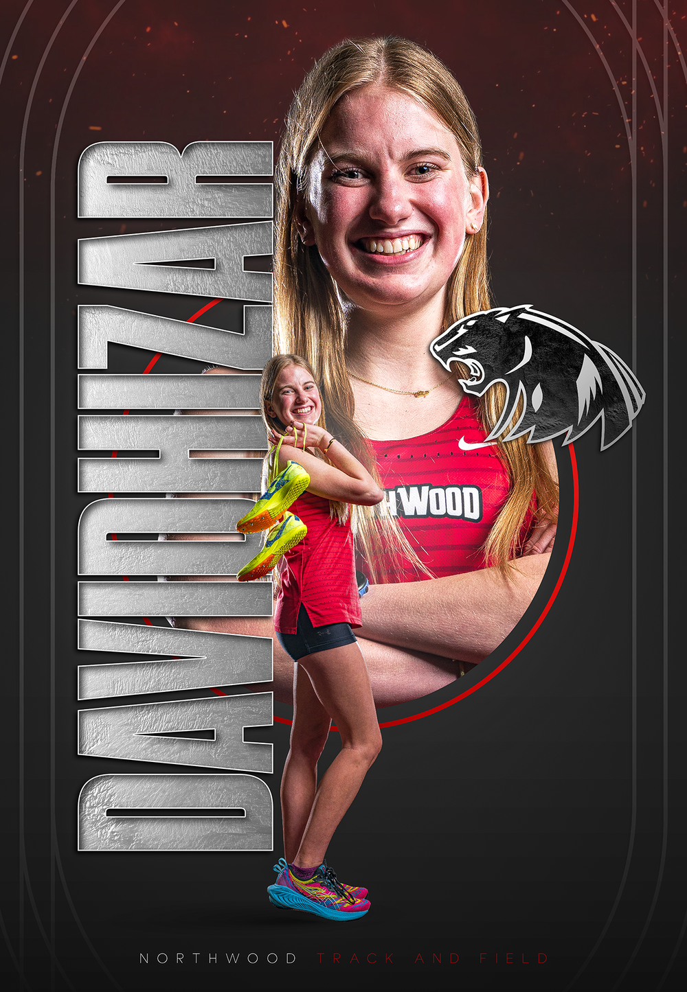 Custom Senior Banner showing female athlete posing n NorthWood team uniform with stylized shoes - Nappanee, Indiana