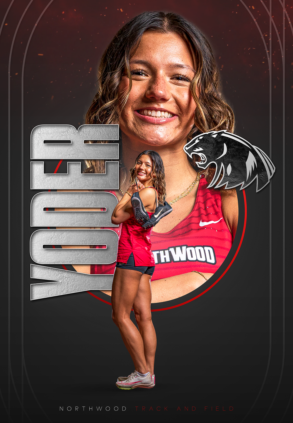 Custom Senior Banner showing female athlete posing n NorthWood team uniform with stylized school logo - Nappanee, Indiana