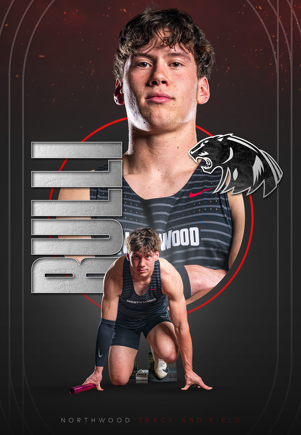 Custom Senior Banner showing male athlete posing n NorthWood team uniform with stylized school logo - Nappanee, Indiana