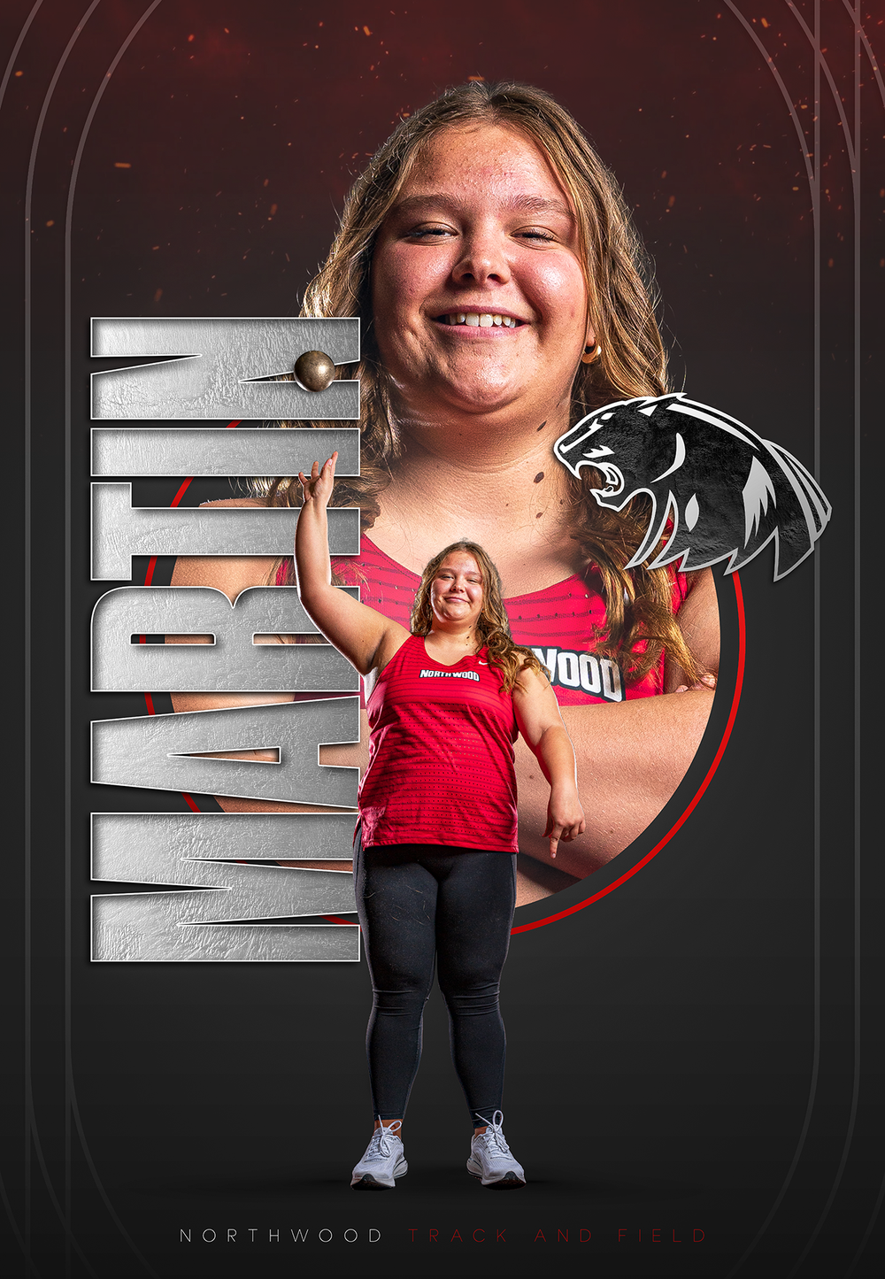 Custom Senior Banner showing female athlete posing n NorthWood team uniform with stylized school logo - Nappanee, Indiana