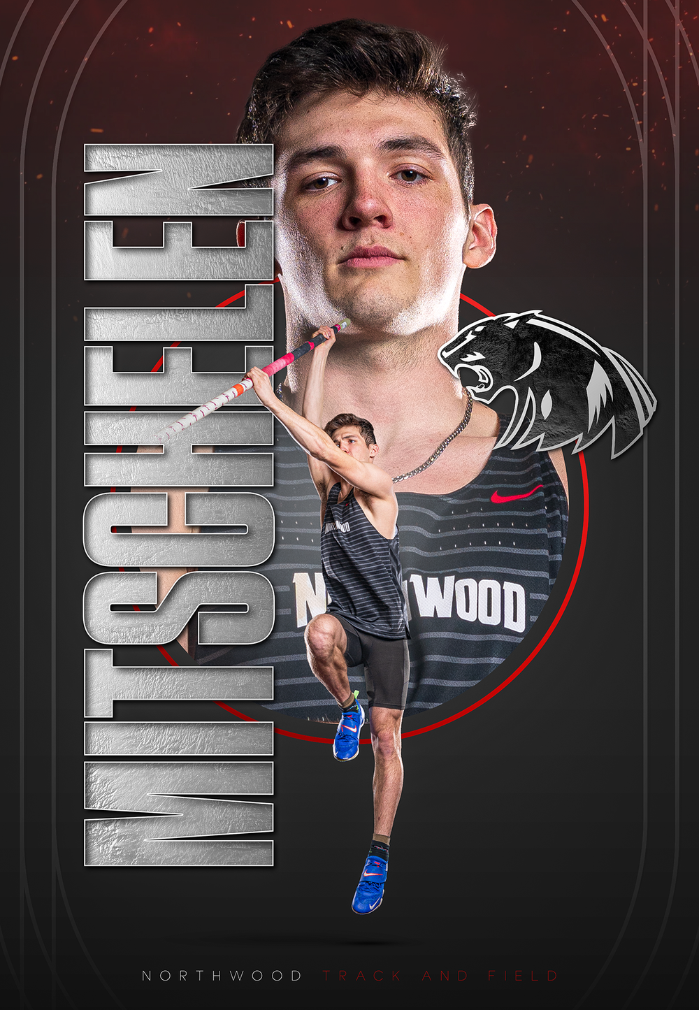 Custom Senior Banner showing male athlete posing n NorthWood team uniform with stylized school logo - Nappanee, Indiana