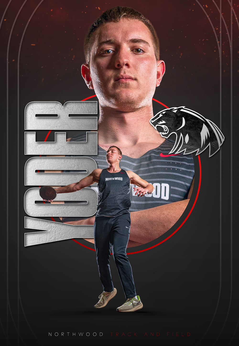 Custom Senior Banner showing male athlete posing n NorthWood team uniform with stylized school logo - Nappanee, Indiana