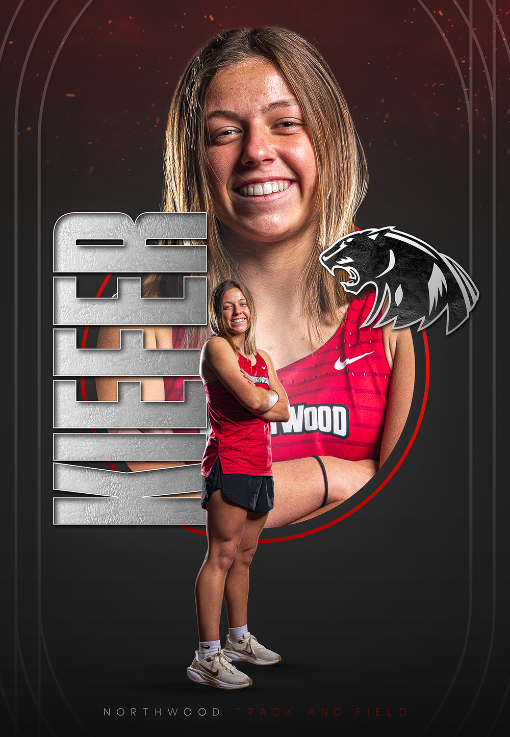 Custom Senior Banner showing female athlete posing n NorthWood team uniform with stylized school logo - Nappanee, Indiana