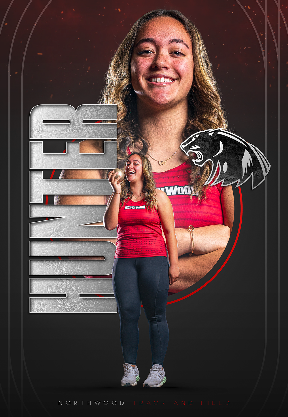 Custom Senior Banner showing female athlete posing n NorthWood team uniform with stylized school logo - Nappanee, Indiana