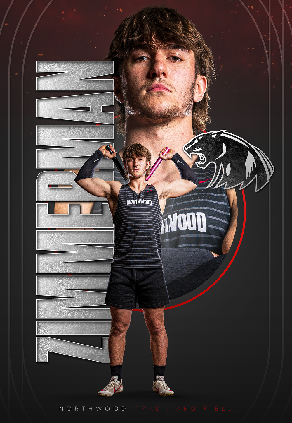 Custom Senior Banner showing track athlete posing n NorthWood team uniform with stylized school logo - Nappanee, Indiana