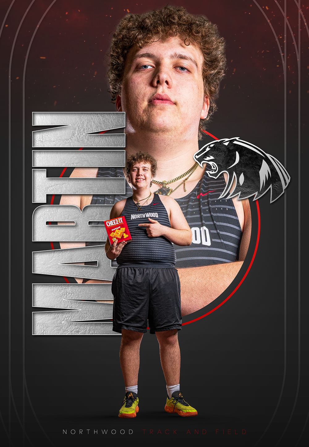 Custom Senior Banner showing track athlete posing n team uniform with stylized school logo and metallic text effect - Nappanee, Indiana