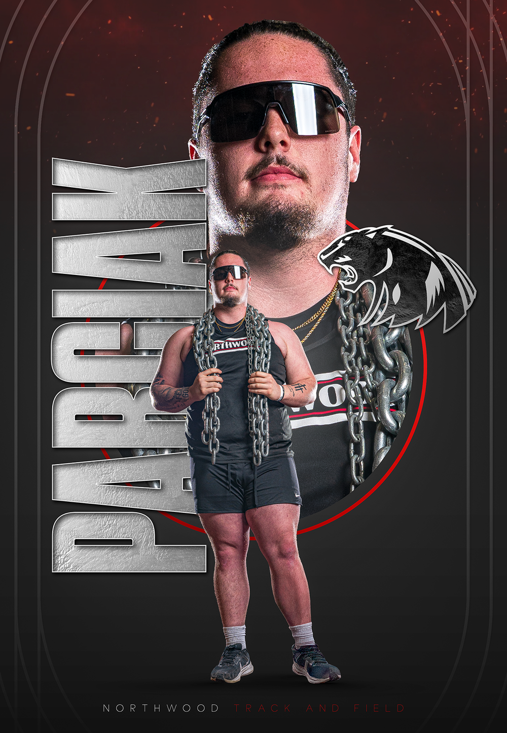 Custom Senior Banner showing track athlete posing n team uniform with stylized school logo and metallic text effect - Nappanee, Indiana
