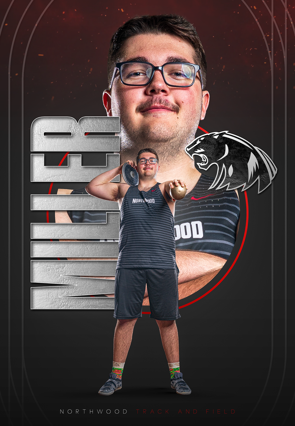 Custom Senior Banner showing track athlete posing n team uniform with stylized school logo and metallic text effect - Nappanee, Indiana