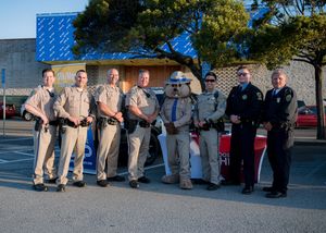 A panoramic view shows a line of uniformed officers posing together outdoors on a sunny day near buildings.