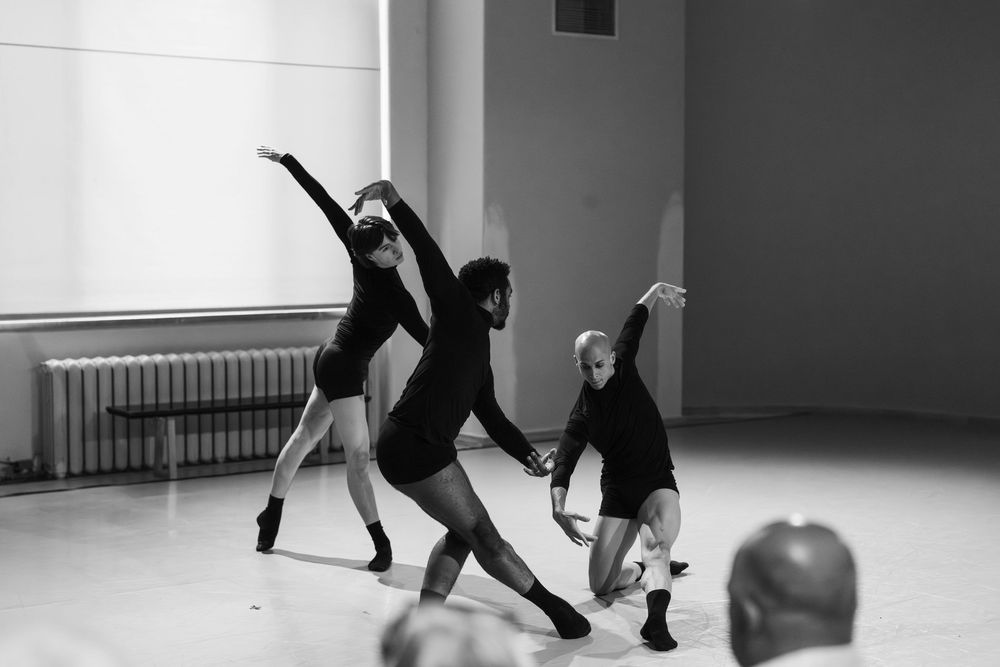 Contemporary dancers in black rehearse stretching movements during a modern dance practice session in a bright studio.