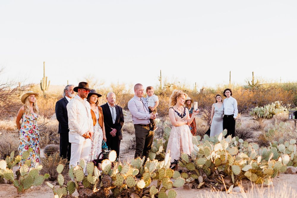 Wedding party gathers in scenic desert setting with tall saguaro cacti and golden sunlight during sunset.