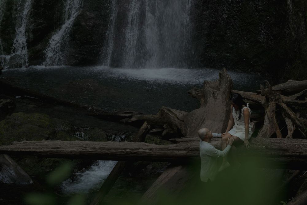 Silhouettes of people sitting on driftwood with a dramatic waterfall backdrop at Marymere falls in Olympic National Park.