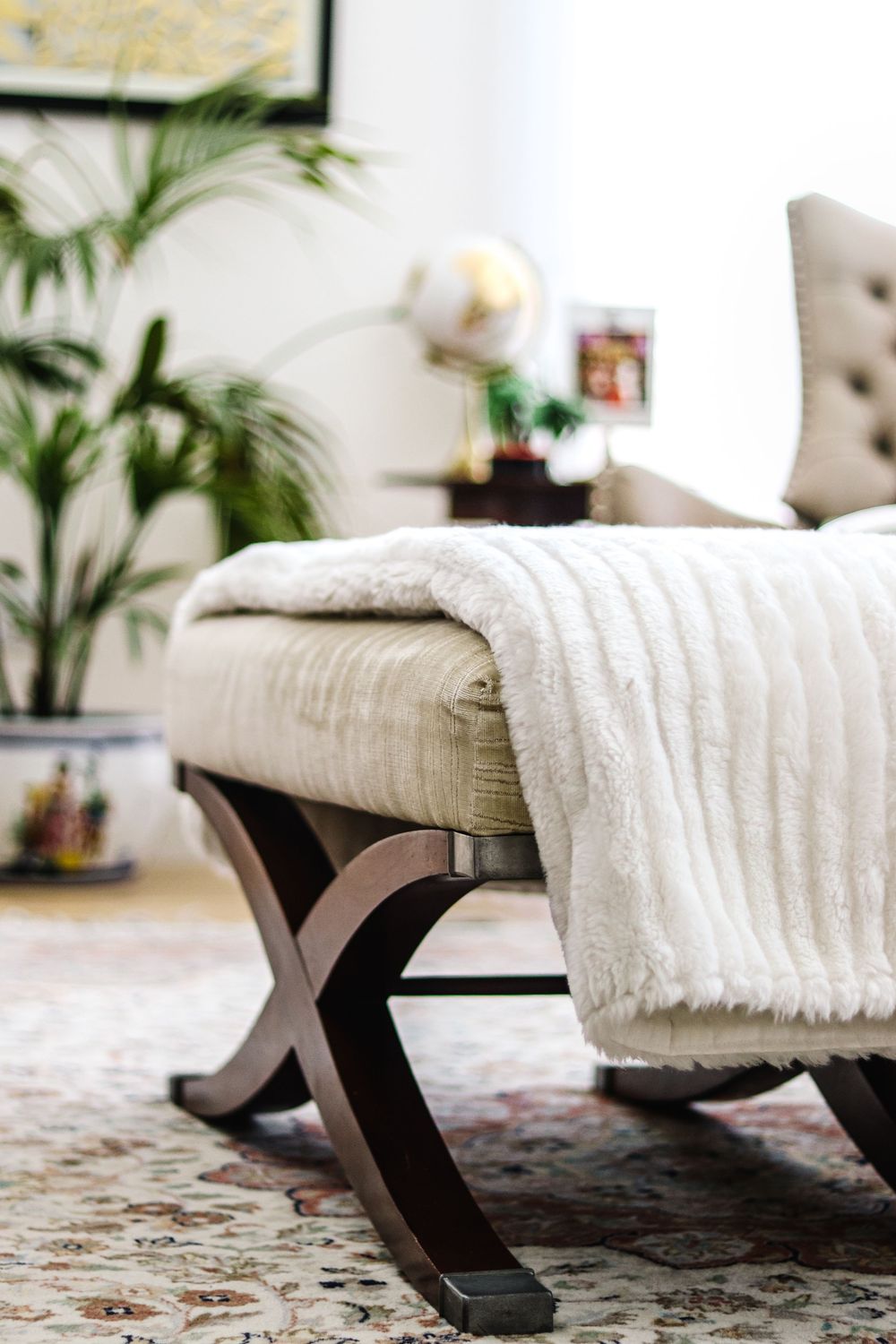 A cozy beige chaise lounge with a soft white throw blanket and decorative palm plant in the background.