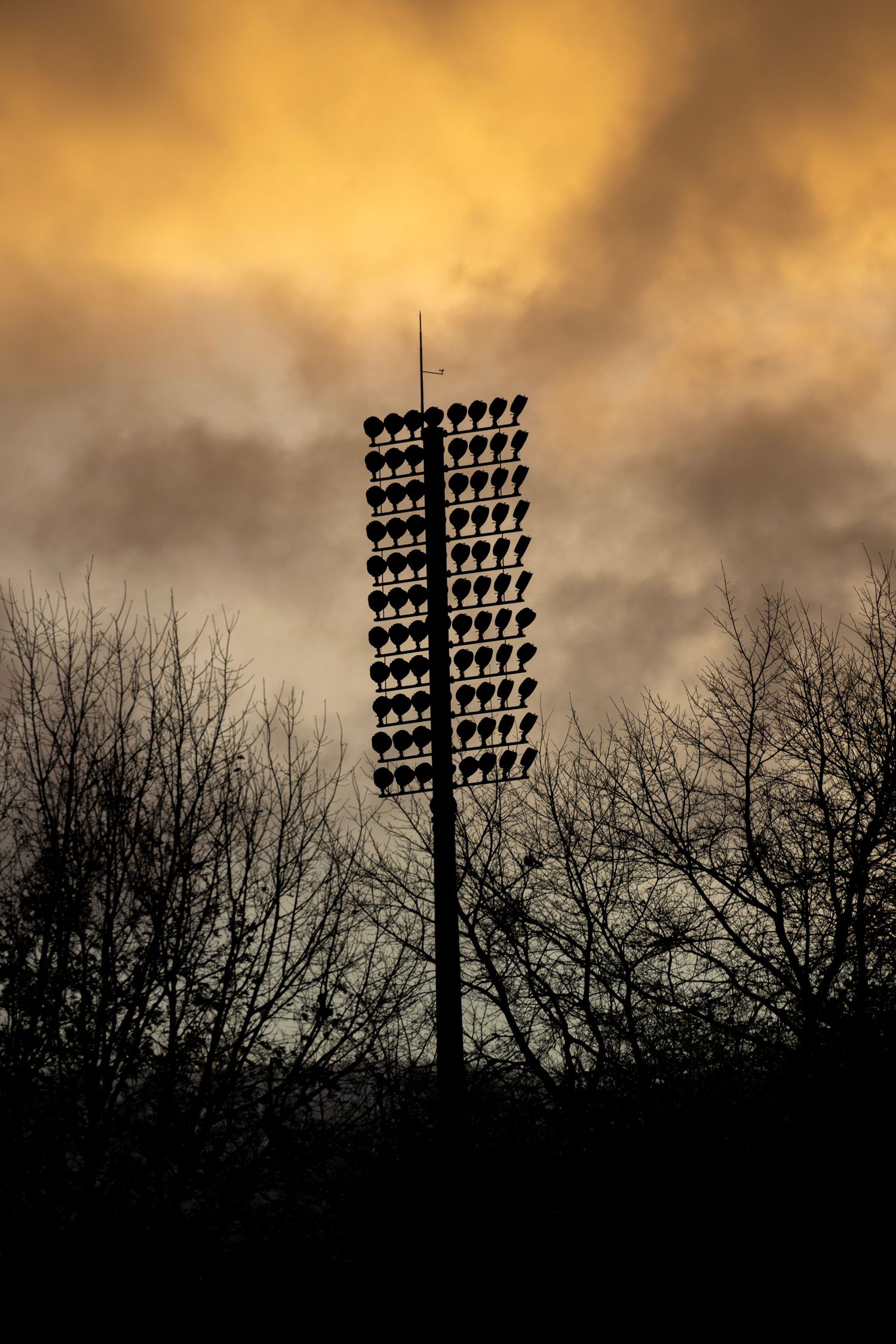 Stadium light tower rises above bare trees under a moody orange sunset sky.