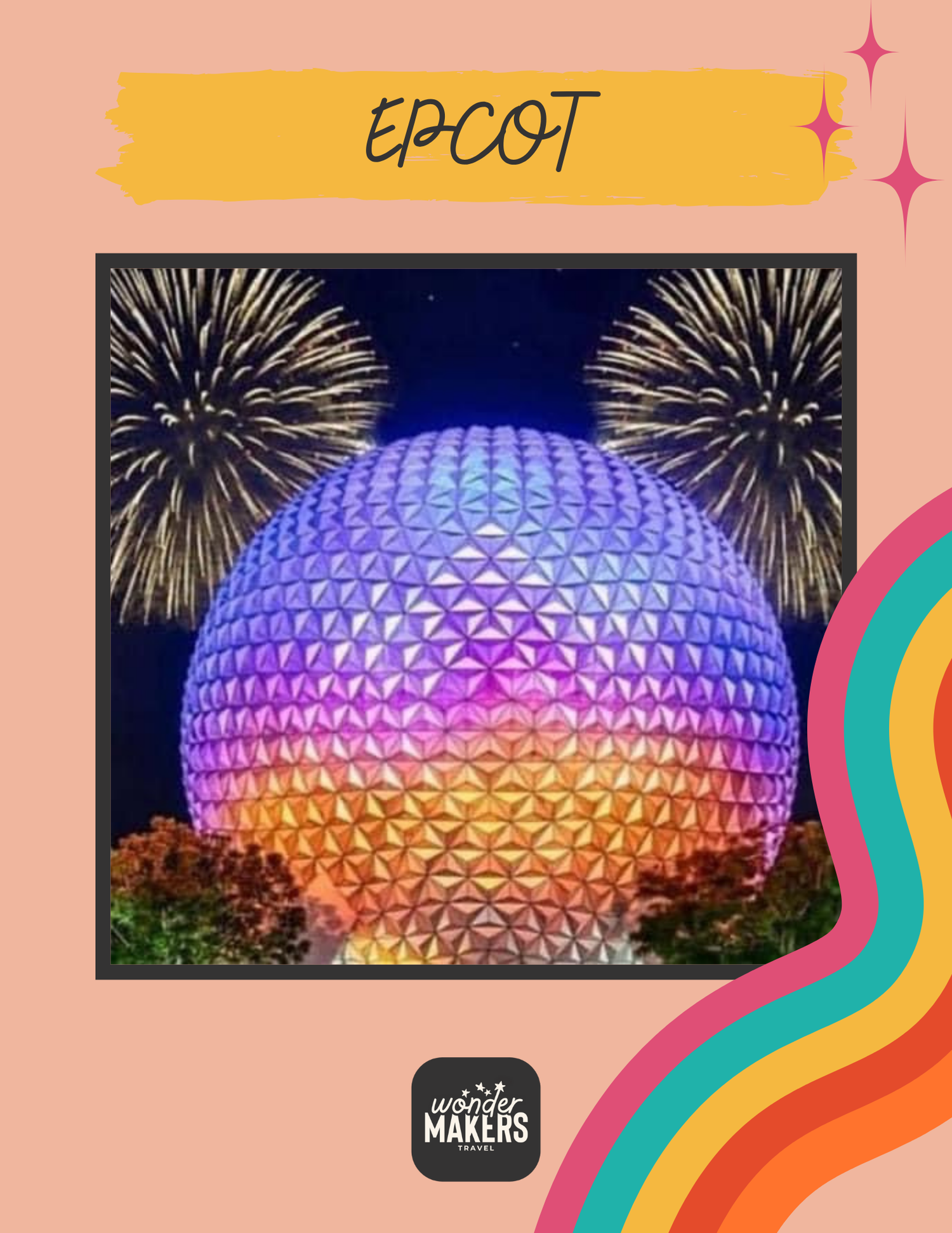 EPCOT's iconic Spaceship Earth illuminated in purple and gold with fireworks bursting overhead.