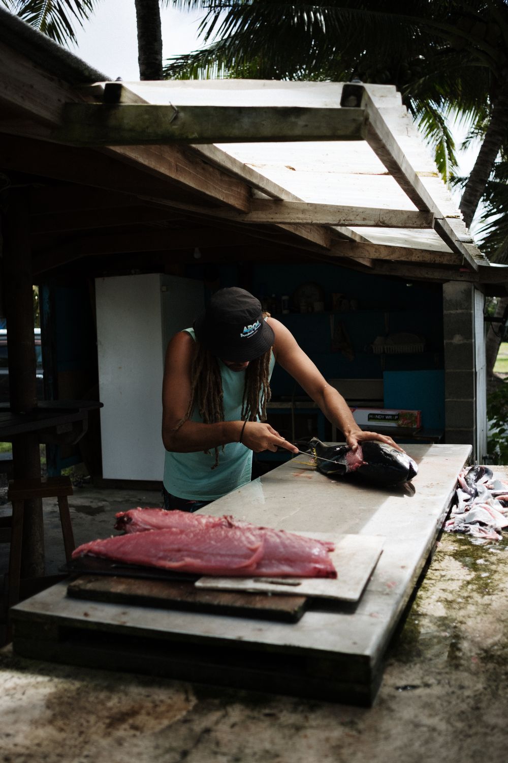 A hand uses a sharp knife to strip bark from a palm tree trunk in a smooth downward motion.