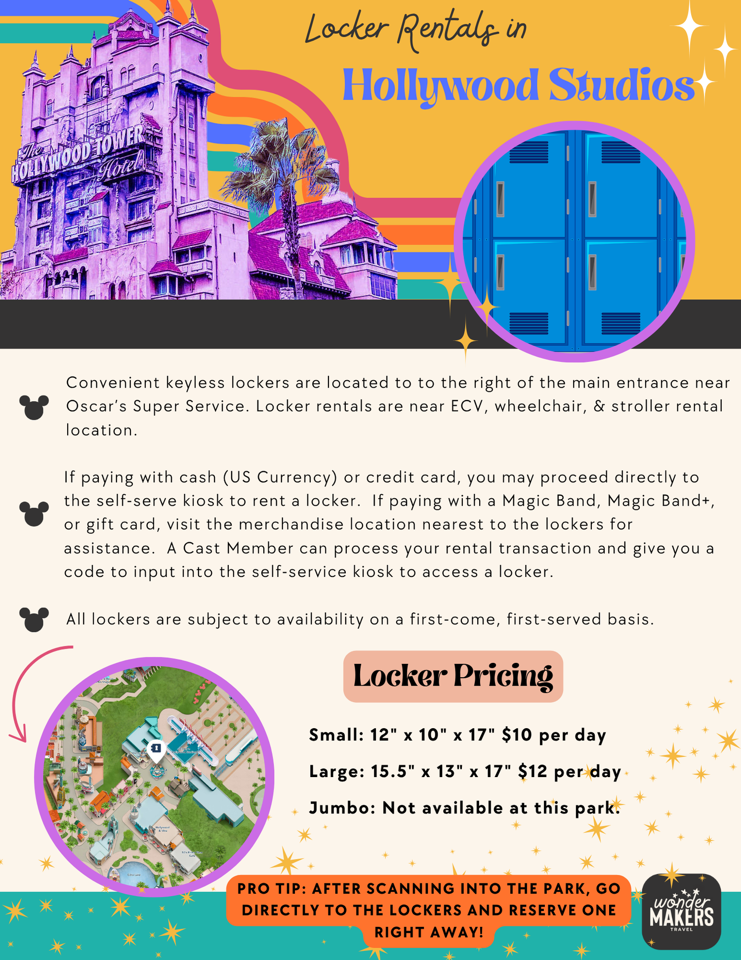 Guide to locker rentals at Hollywood Studios showing pricing and location information with retro design.