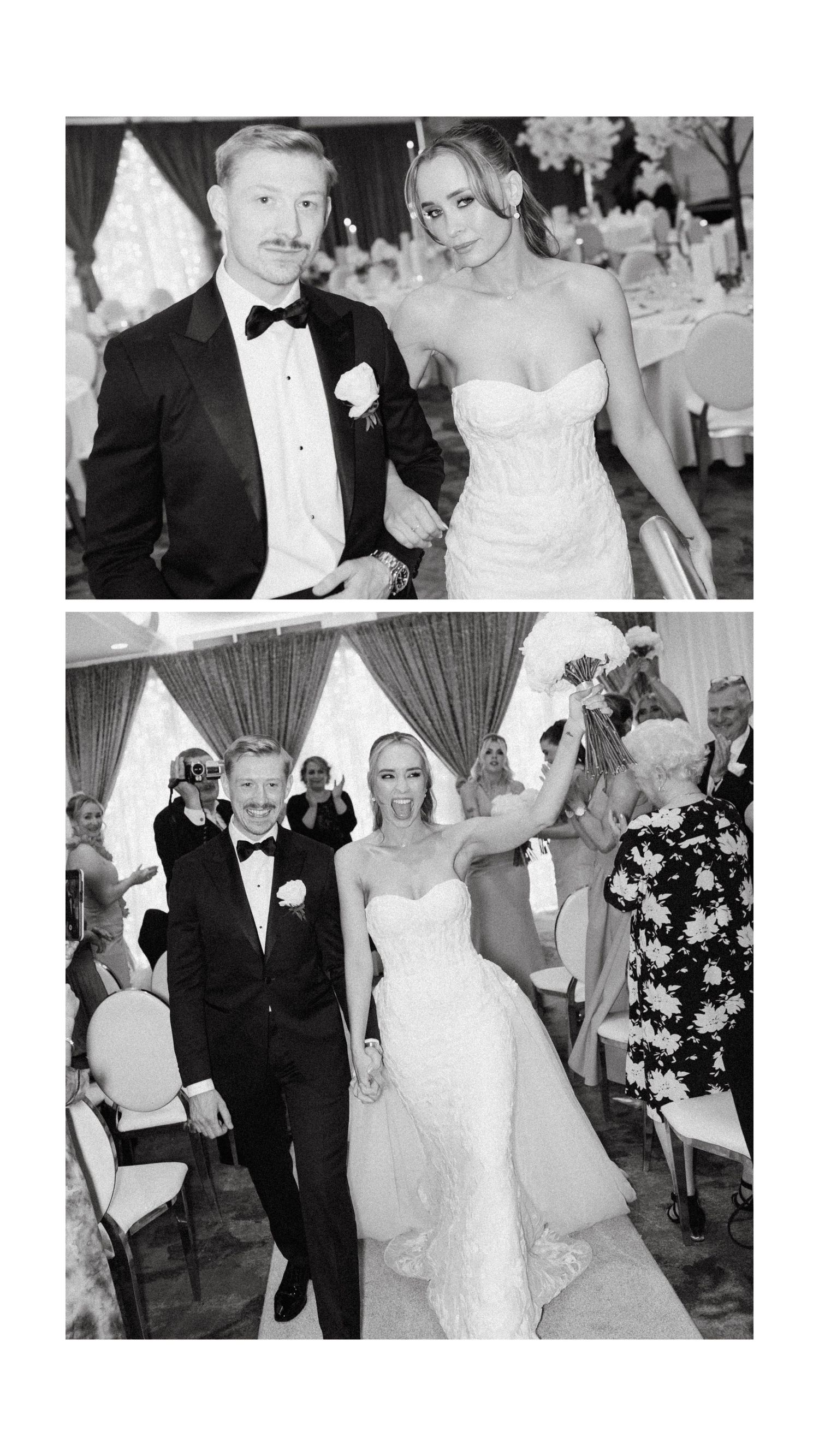 A wedding celebration in a reception hall with guests dancing and celebrating in formal attire.