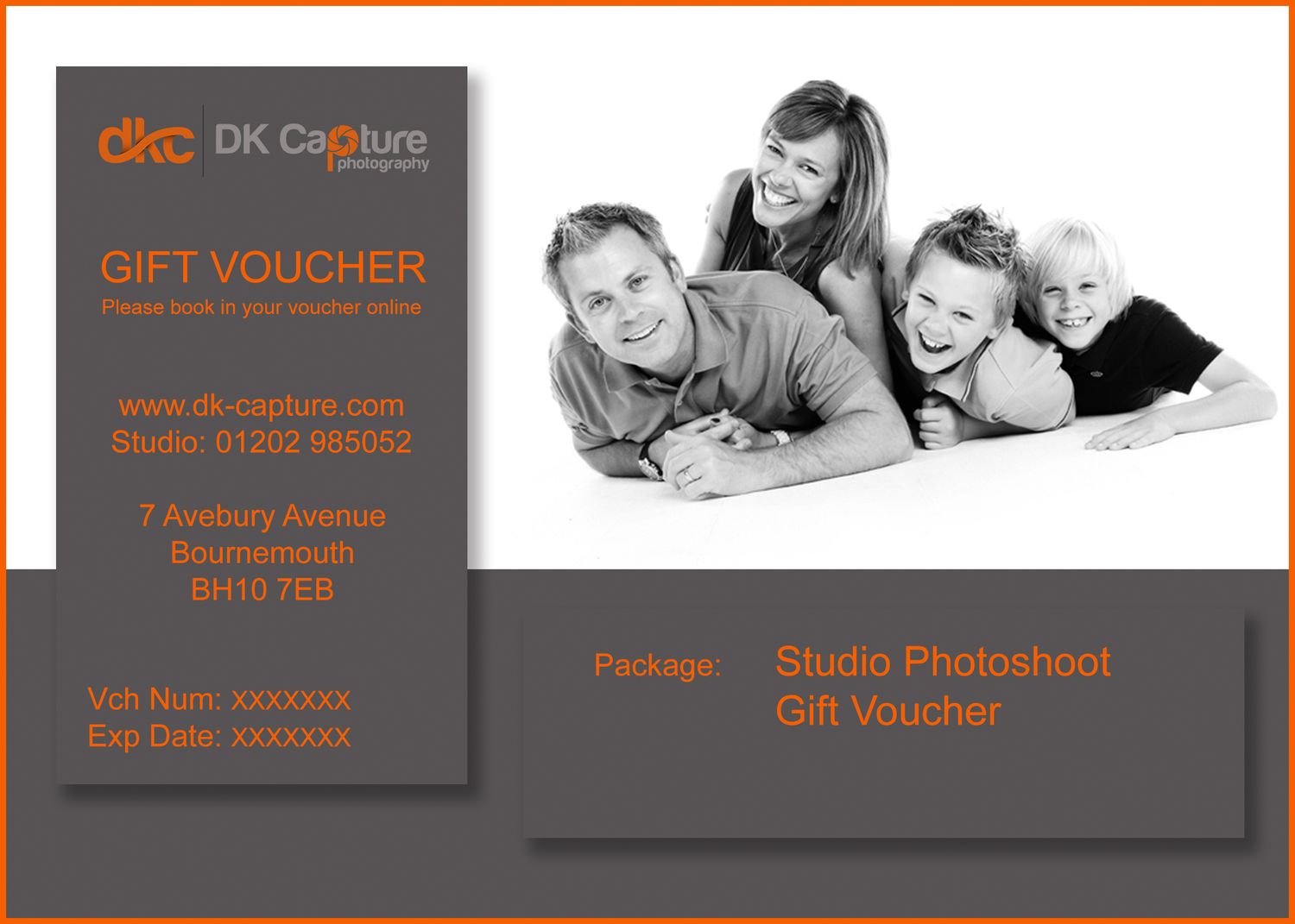 Studio photography gift voucher card in gray and orange shows monochrome family portrait on the right side.