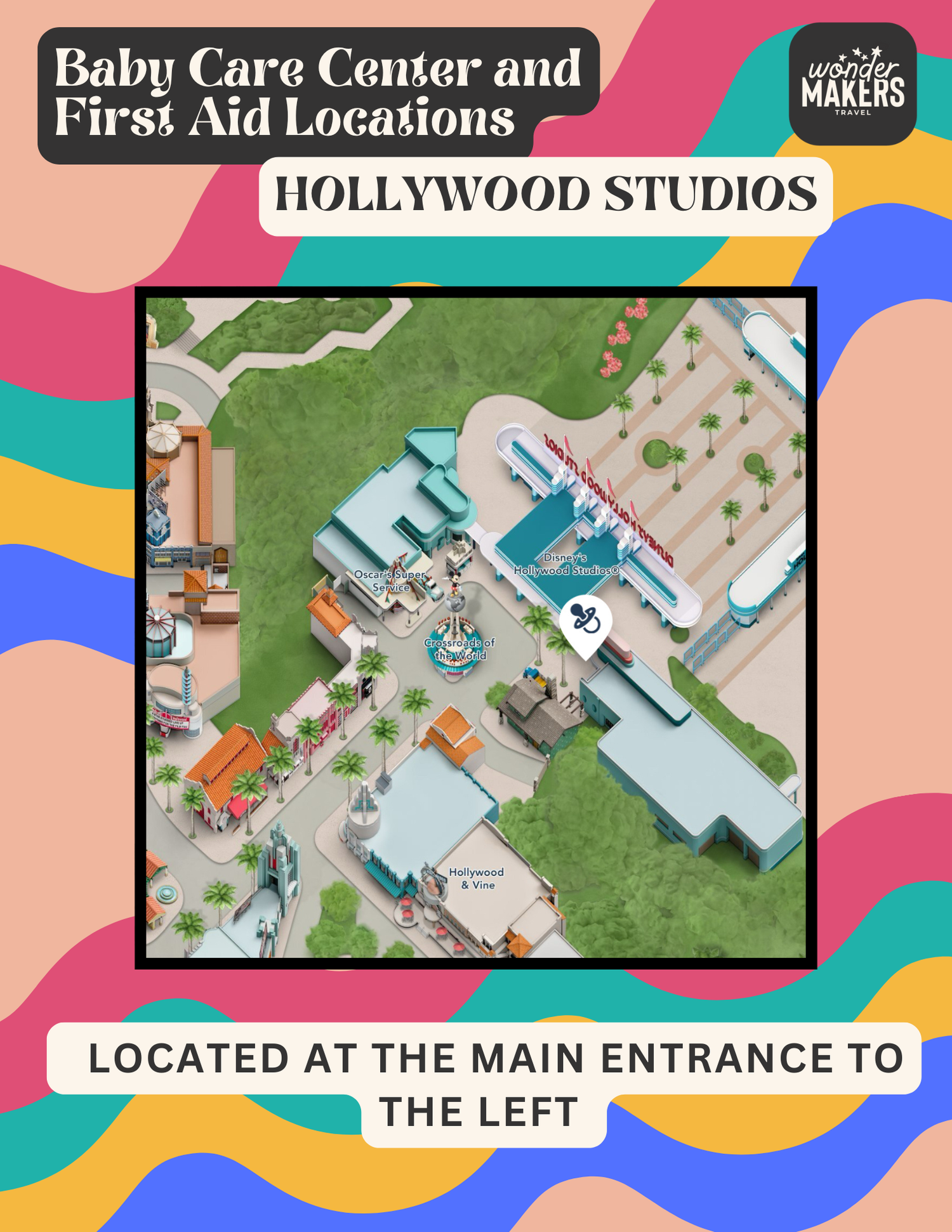 Map showing Baby Care Center location at Hollywood Studios main entrance with pink decorative border.