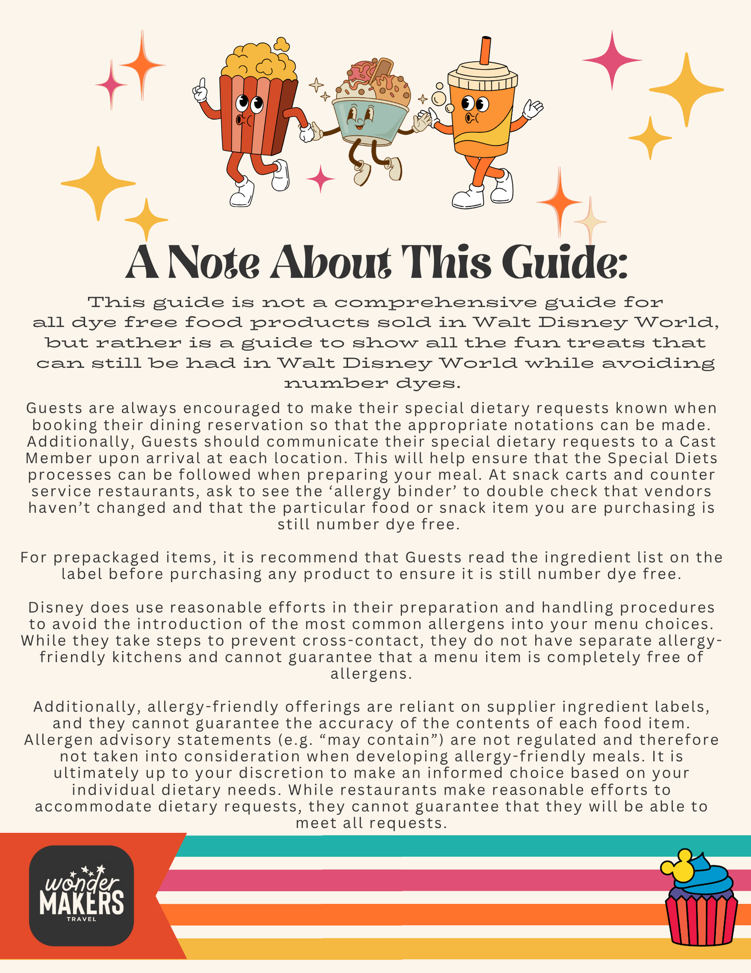 Informational guide page about dye-free food options at Walt Disney World with cartoon snack illustrations.