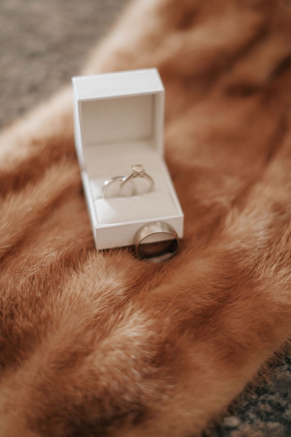 A white jewelry box containing wedding rings rests on a brown fur surface.