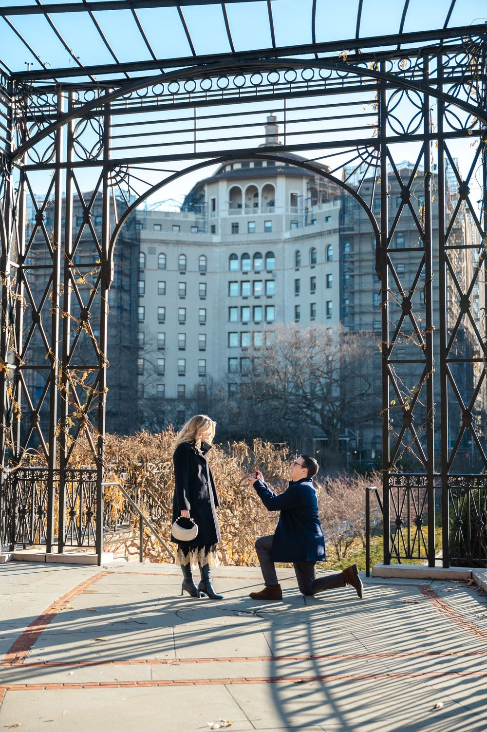 Man proposes on one knee to woman under ornate iron pergola in Central Park with NYC building backdrop.